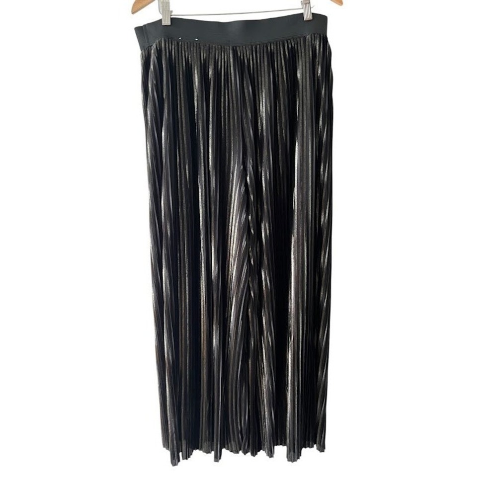Alfani Pleated Wide Leg Pants Womens XL Black Silver Metallic High Rise Party